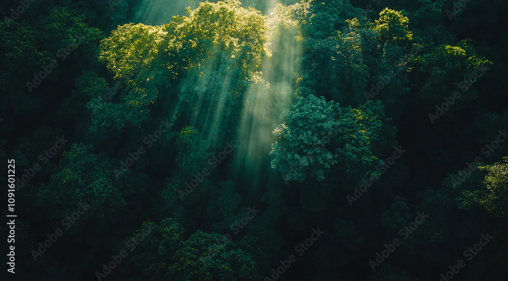 Poster sunlight streams through a dense canopy in a lush rainforest at midday