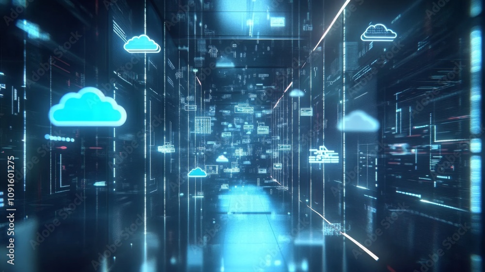 Aufkleber A vast, illuminated corridor displays numerous digital cloud icons and abstract technology elements. This high-tech environment conveys a sense of advanced data connectivity and innovation.