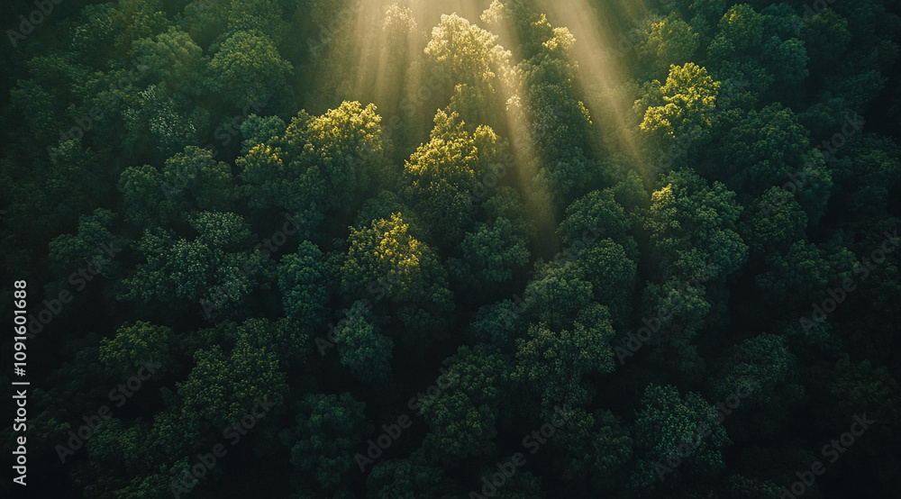 Poster sunlight streams through a dense forest canopy at midday