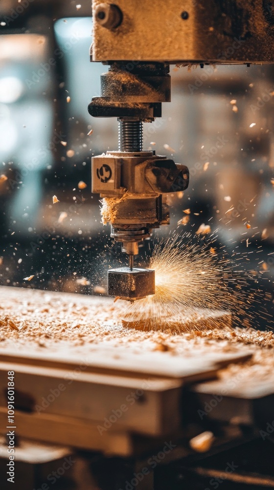 Poster close-up view of woodworking machine in action with sparks flying and sawdust creating a dynamic atm