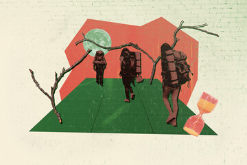Composite trend artwork sketch image photo collage of group team monochrome young lady man find way map walk step bag nature tourism moon