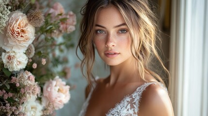 A portrait of a woman surrounded by soft floral arrangements, exuding elegance and beauty.