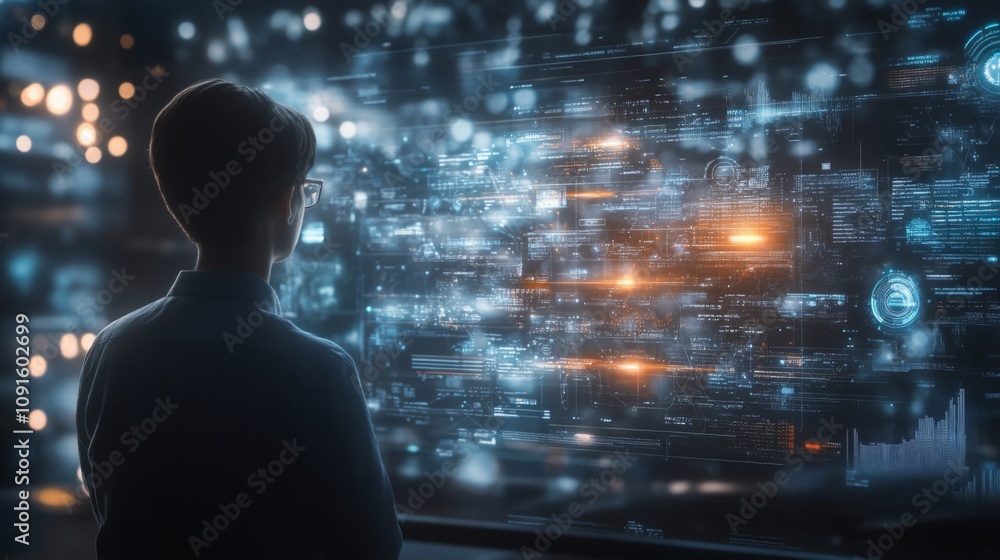 Aufkleber A person stands in a dim tech lab, focused on a bright digital display filled with colorful data streams and glowing graphs, creating a futuristic atmosphere.