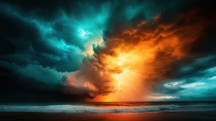 Fototapeta premium A stunning view of a lightning storm with striking teal and orange hues illuminating the sky over a calm ocean, evoking a sense of awe and tumultuous beauty.