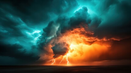 Obraz premium A breathtaking scene of powerful storm clouds lit with vibrant teal and orange colors as bolts of lightning streak across the sky, capturing nature's raw power and beauty.