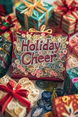 Fototapeta premium Holiday Cheer Phrase Surrounded by Quilled Gift Boxes and Confetti in Festive Paper Quilling Style