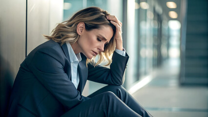 Business-Frau sitzt traurig mit gesenktem Kopf und leidendem Gesichtsausdruck auf einem Flur. Depressive Business-Frau
