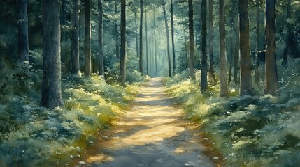 Obraz premium A serene forest path illuminated by soft sunlight, inviting exploration and tranquility.