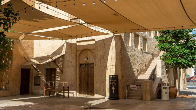 Street of Dubai old city or town or old village Al Seef Khor in Al Fahidi neighborhood, United Arab Emirates