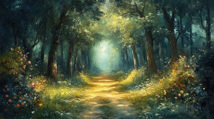 Obraz premium A serene forest path illuminated by sunlight, surrounded by vibrant flowers and trees.