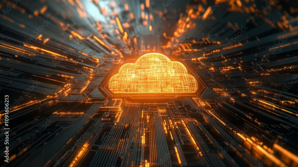 Aufkleber A glowing cloud structure dominates the center of a digital landscape filled with vibrant data streams and circuitry.