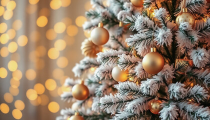Fototapeta premium Elegant Christmas Tree with Frosted Branches, Baubles, and Garlands in Gold and Silver Tones