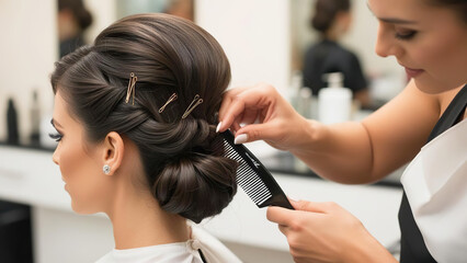 Hair styling session salon beauty content modern interior close-up view hair care techniques for special events