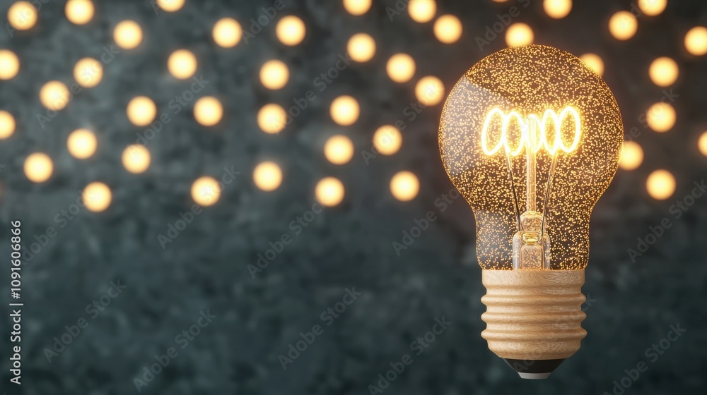 Poster creativity, bright ideas and potential concepts. a glowing light bulb hangs against a textured backg