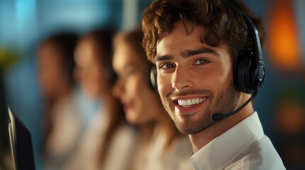 Obraz premium A team of customer support representative with headset