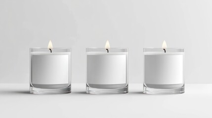Three white candles in transparent glasses with blank labels, designed for branding mock-up.
