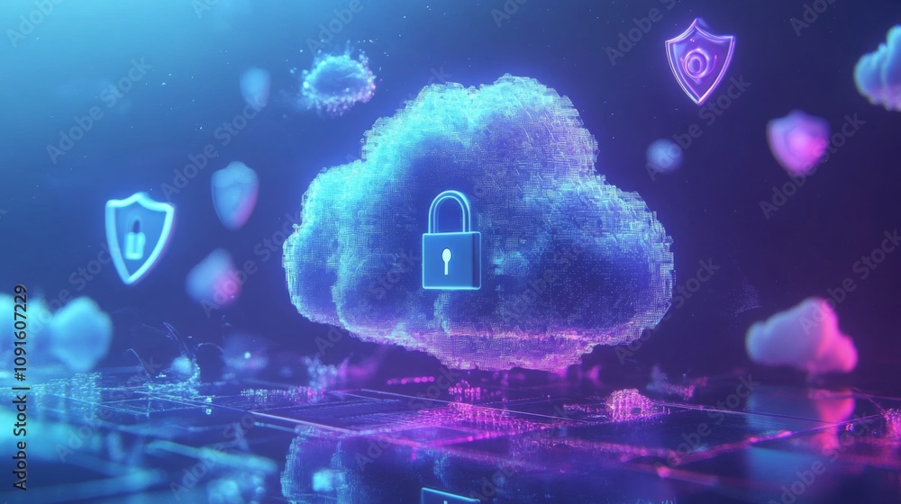 Poster A digital cloud with a padlock icon in the center is surrounded by other digital clouds and shields. The background is a dark blue with pink and purple hues.