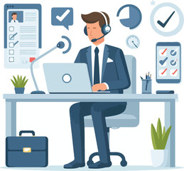 Flat illustration of operator of call center agent or customer service working in headphone and mic sitting at desk with laptop computer checklist and checkmark on a white background