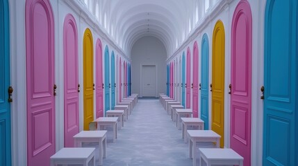 Obraz premium Colorful Doors Corridor Interior Design Architecture Abstract Pastel Colors Modern Building Home