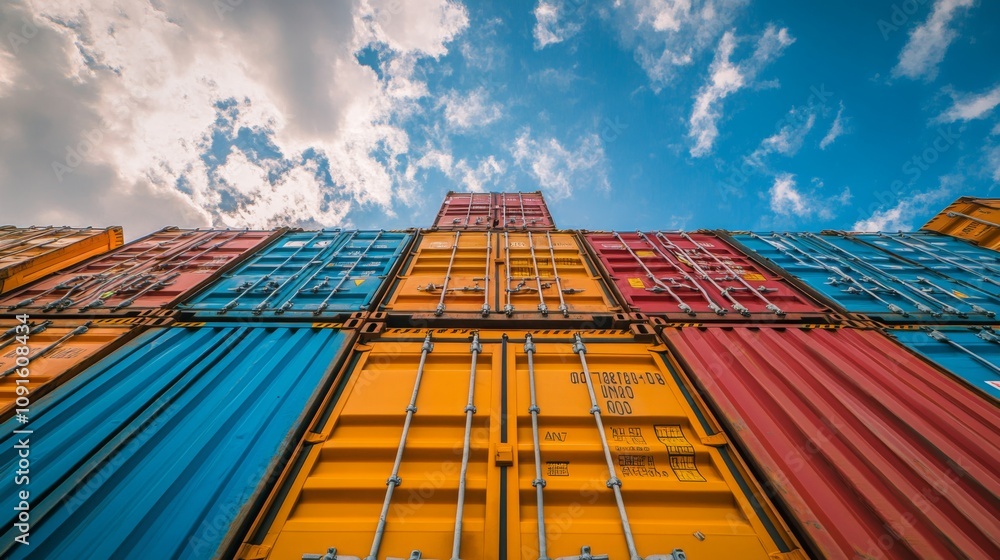 Poster brightly colored cargo containers are stacked prominently, creating a striking visual at a shipping 