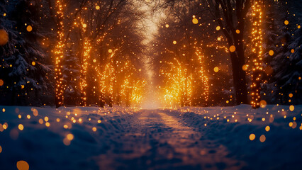 A peaceful winter park with glowing fairy lights and tall pine trees, creating a serene and dreamy atmosphere in twilight.