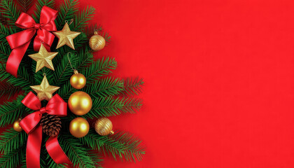 Close-Up of Christmas Tree Branch with Gold Ornaments and Red Bows on Red Background