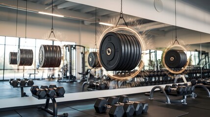 Obraz premium Gym with mirror wall, floating weights, glowing energy lines, and dumbbells