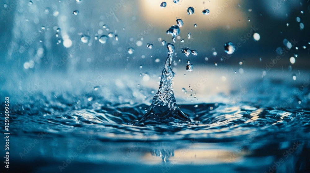 Poster water droplet splash captured in close-up with bokeh effect