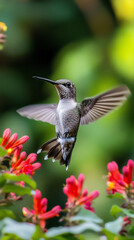 Fototapeta premium Hummingbird in Flight, Red Flowers, Green Background, Close-up, Wildlife