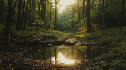 Fototapeta premium Serene Forest Stream: Sunlight, Tranquility, Nature, Peace, Woodland