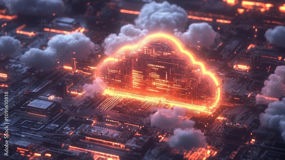 Poster a glowing orange cloud symbol is suspended above a detailed circuit board, symbolizing the power of 