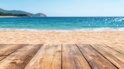 Fototapeta premium Summer Beach Vacation Wooden Tabletop Background