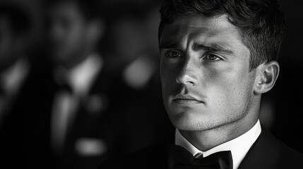 A thoughtful man in formal attire with a serious expression