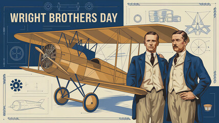Wright Brothers Day retro poster. Wright brothers standing proudly next to their Flyer illustration, generative ai