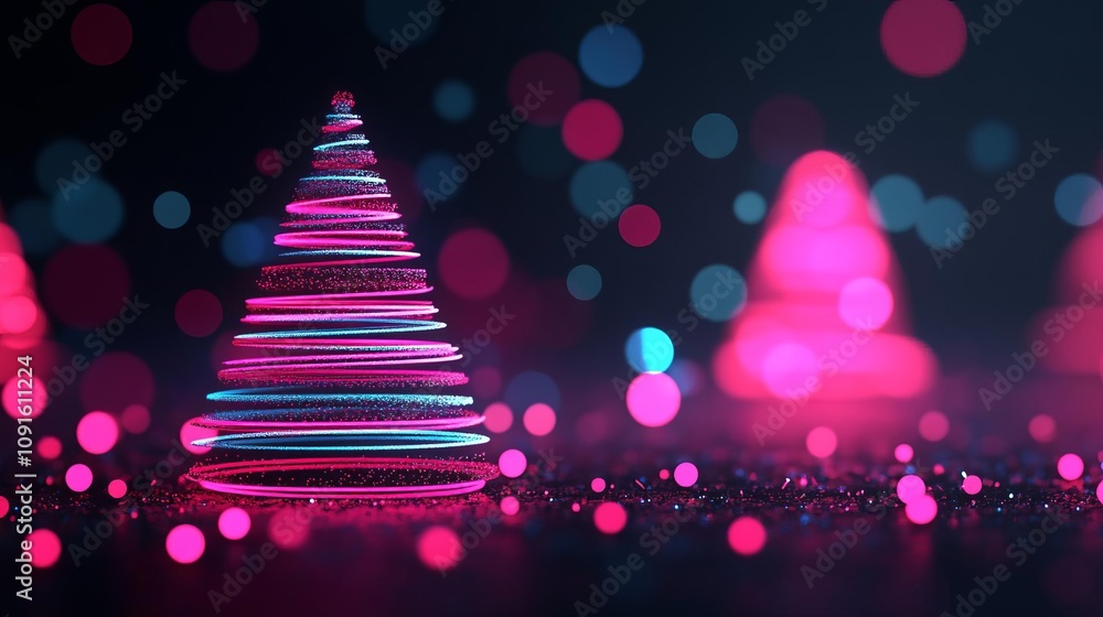 Poster a vibrant christmas tree illuminated with colorful lights and sparkling bokeh effects.