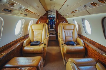 Fototapeta premium The cabin features plush leather seats and polished wood details, creating an opulent atmosphere for its passengers. Sunlight streams through large windows.