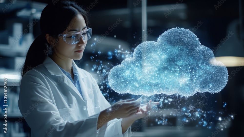 Poster a researcher in a lab coat and safety goggles examines a holographic cloud projection. the high-tech