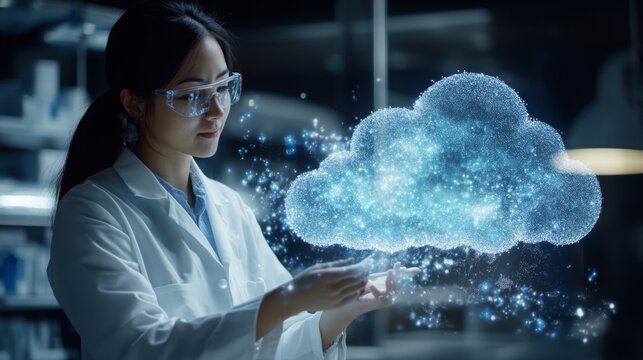 A researcher in a lab coat and safety goggles examines a holographic cloud projection. The high-tech laboratory is filled with equipment, showcasing advancements in cloud computing technology.