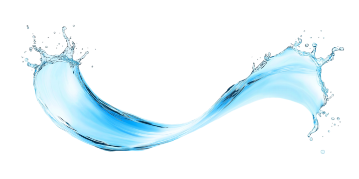 Tiny curved water wave with splashing droplets, sinuous wavy shape isolated, transparent background
