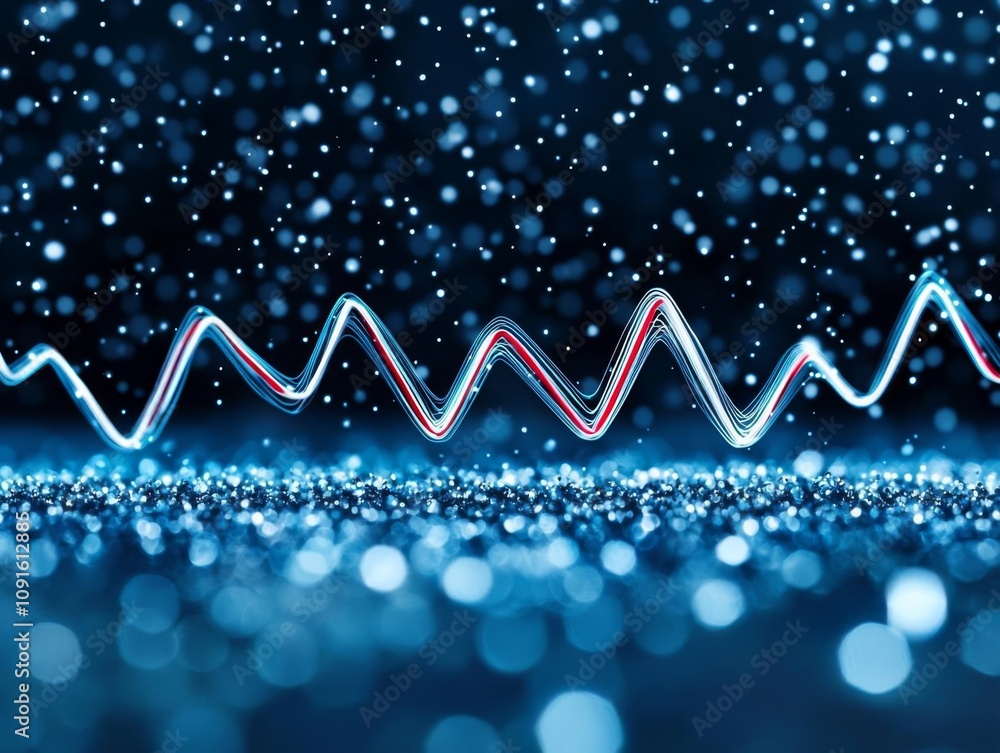 Poster abstract visualization of digital data waves with sparkling blue background.