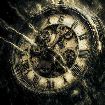 Vintage clock exploding with gears and fragments flying through the air, symbolizing the passage of time