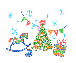 Christmas funny space area. Crayon, pastel chalk or pencil kids hand drawing sketch doodle tree style, gift box, rocking horse, bird, star, holiday. Cartoon flat bright scribble art scene design