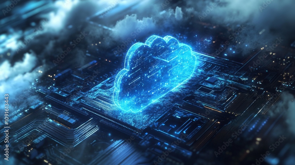Poster a glowing, blue cloud icon is depicted as a digital representation of the cloud, resting on a dark, 