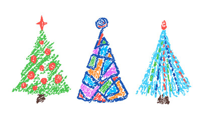 Christmas tree set. Like child's hand drawing crayon or pencil simple naive fir-tree. Kids creativity vector doodle joyful funny colorful innocent easy art Cartoon flat bright scribble homemade design