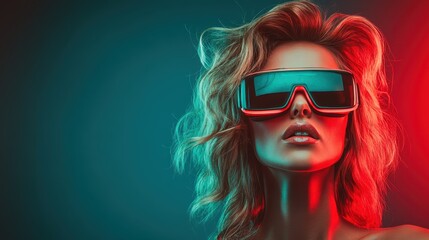 A modern woman sports stylish VR glasses as she engages with digital reality, set against a striking contrast of red and blue neon lighting effects.
