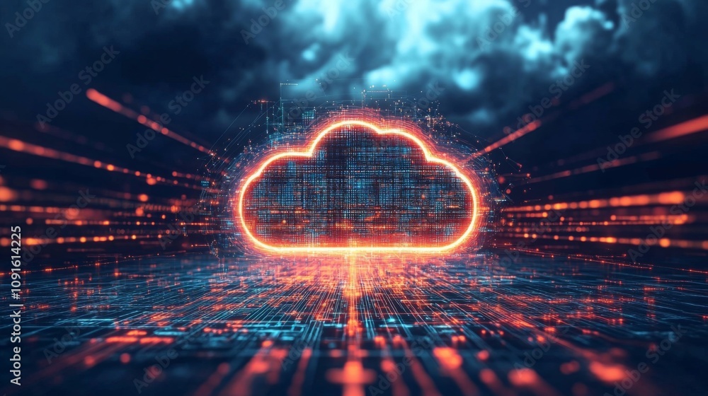 Fototapete A dynamic digital depiction of a cloud, illuminated with vibrant orange lines, appears set against a dark, stormy sky, symbolizing data transfer and connectivity in a high-tech environment.