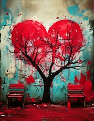 Urban Love Graffiti Tree of Hearts and Empty Benches