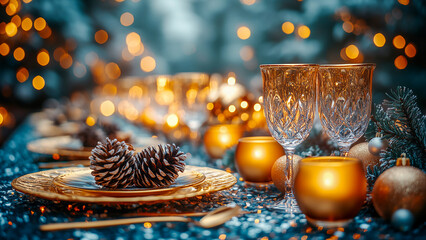 A luxurious Christmas table with golden cutlery, crystal glasses, and a festive centerpiece featuring pine cones and candles.