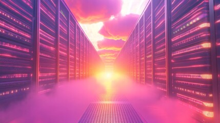 The vibrant corridor is flanked by high-tech servers that emit a radiant glow. A stunning sunset creates an enchanting ambiance, enhancing the scene's digital and futuristic atmosphere.