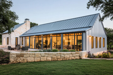 Obraz premium A modern farmhouse with an elegant blue-gray metal roof, featuring large glass windows and doors that open to the lush green backyard in Texas during summer.